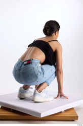 Whole Body Woman Casual Jeans Slim Kneeling Top Studio photo references